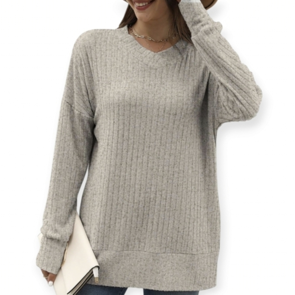 weater Medium Gray Pullover Oversized Comfy V-Neck